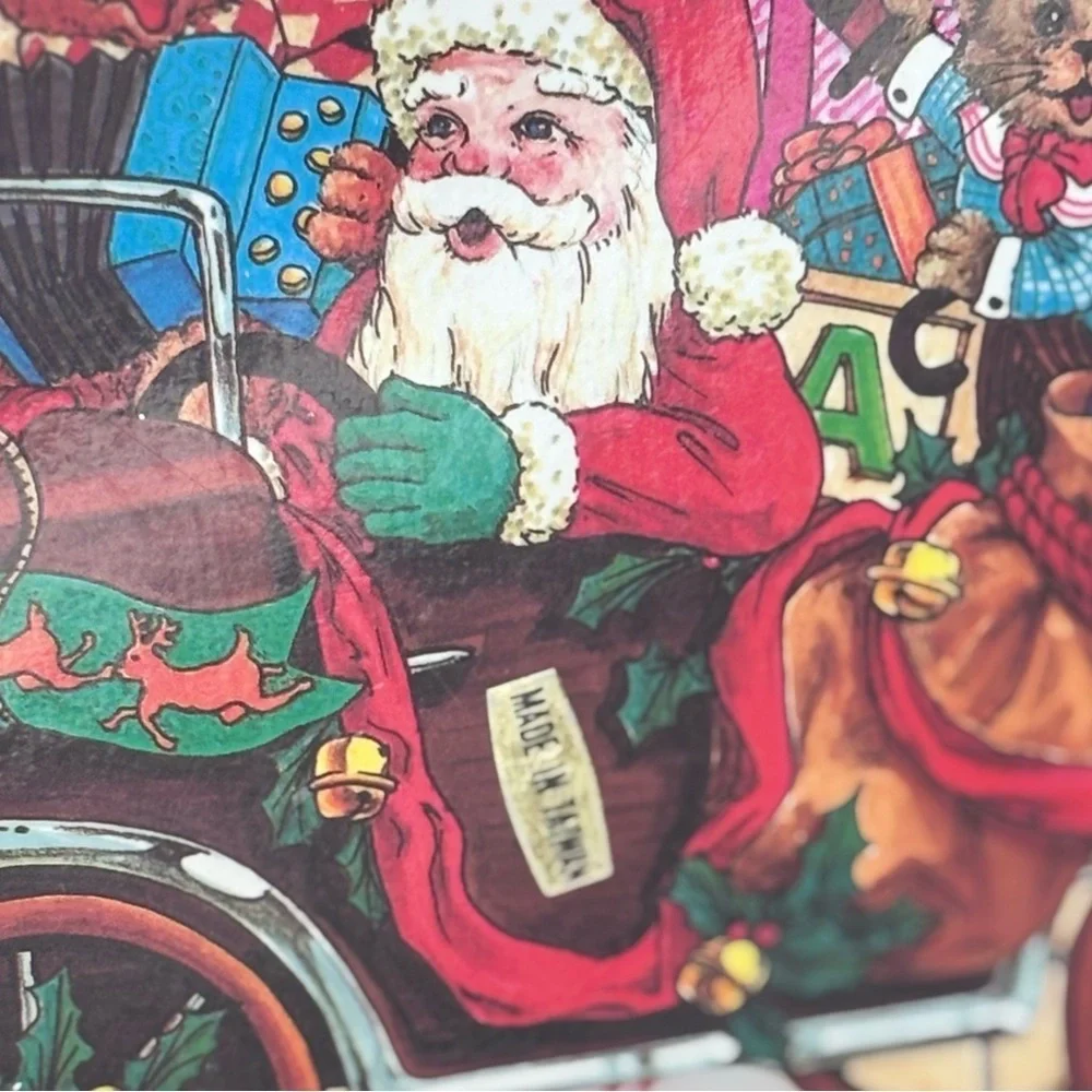 VINTAGE WOODEN PULL STRING SANTA CLAUS In A Car With Toys 5.5” ORNAMENT
